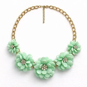 Vintage Mint Green Lucite Flower Necklace Rhinestone Cluster Statement